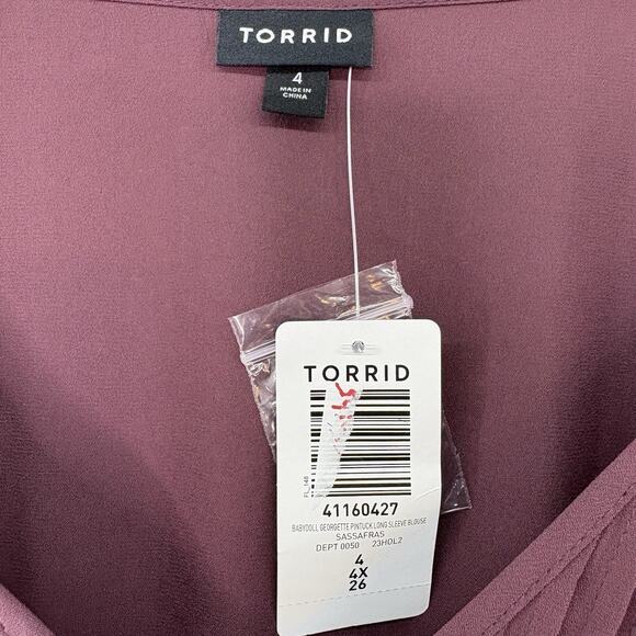 Torrid Sz 4 (26/28) Wine Baby Doll Georgette Pintuck Long Sleeve Sheer Blouse - Picture 5 of 6